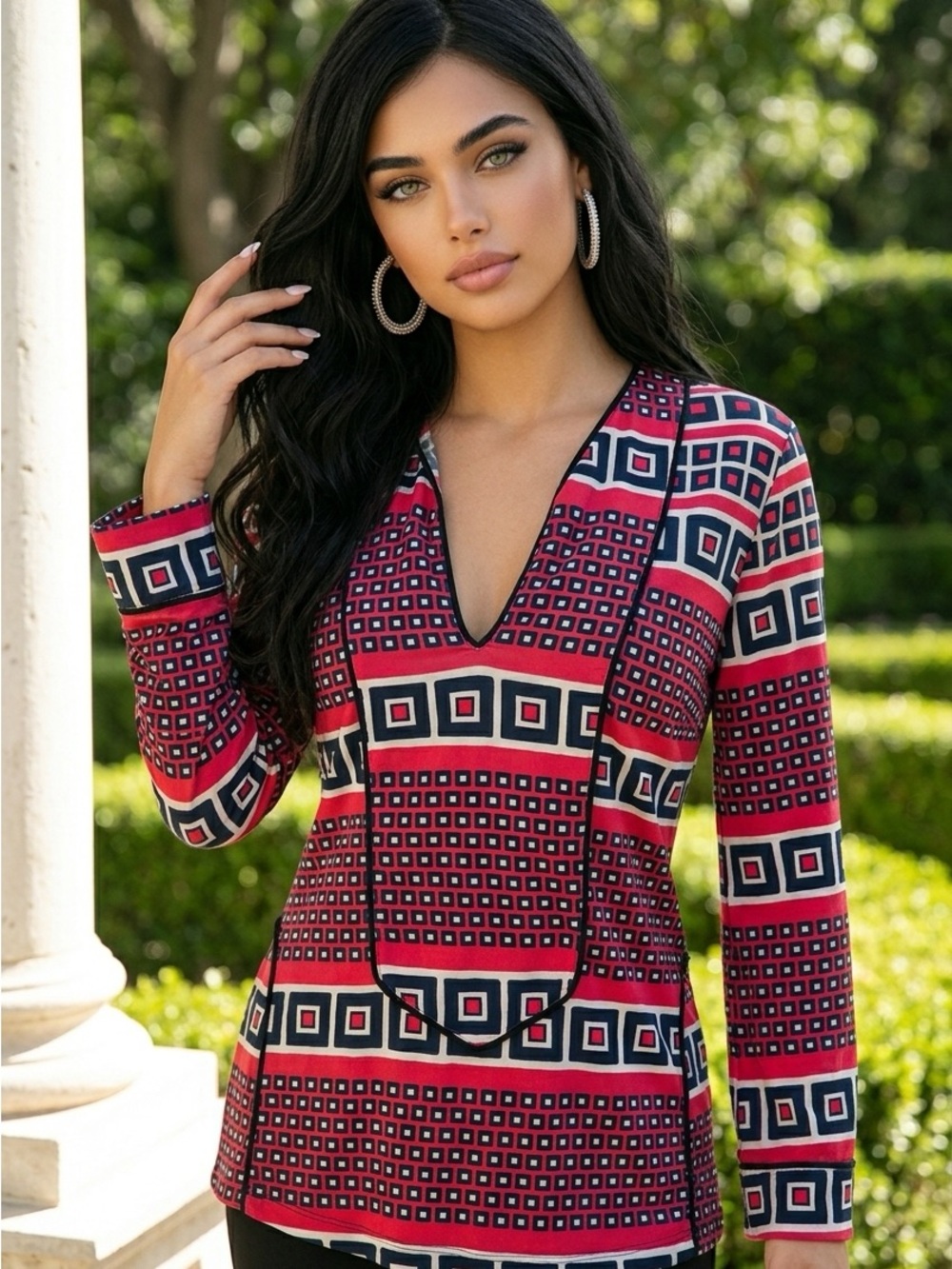 Elizabeth McKay Tunic Navy Red White Boho Resort wear Shirt Top Woman’s 6